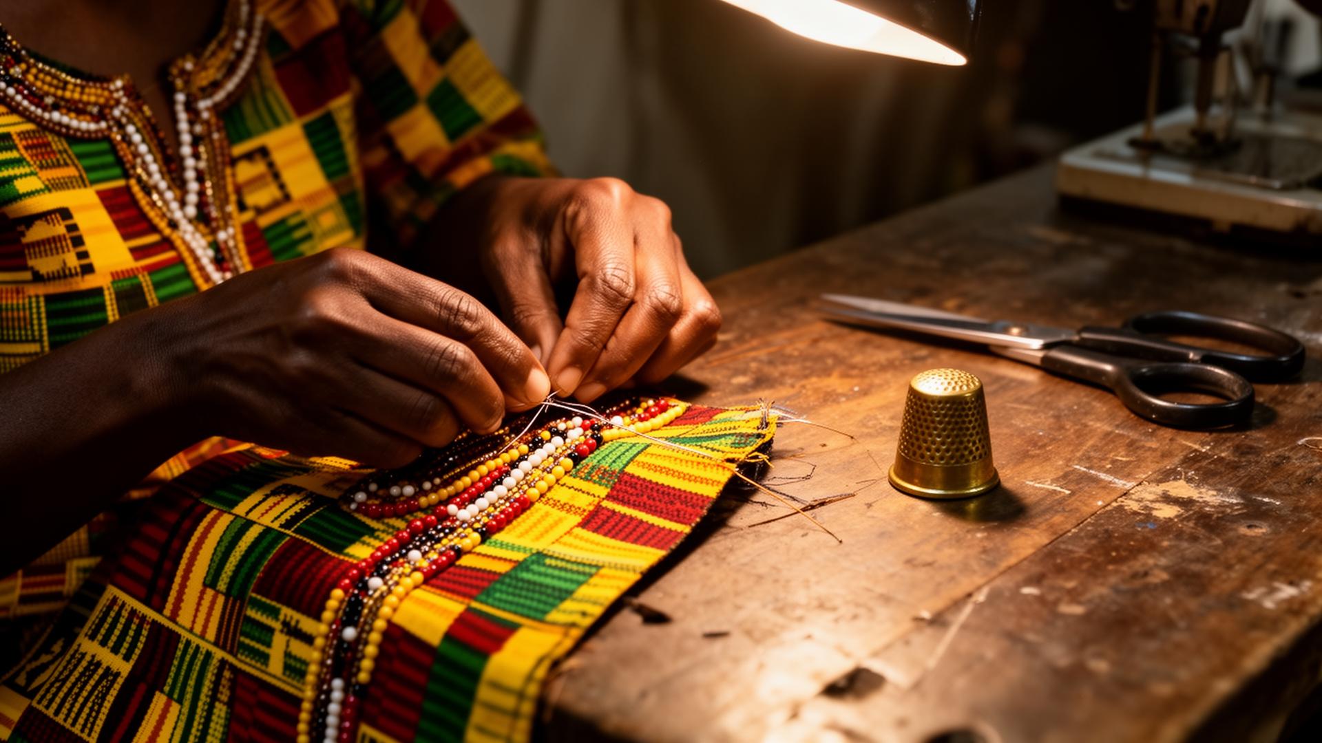Hand-stitching beadwork at the Tema atelier